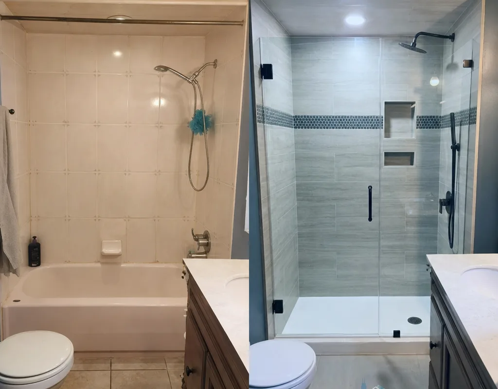 Before and after of a Milwaukee tub-to-shower conversion with tiled shower and glass door