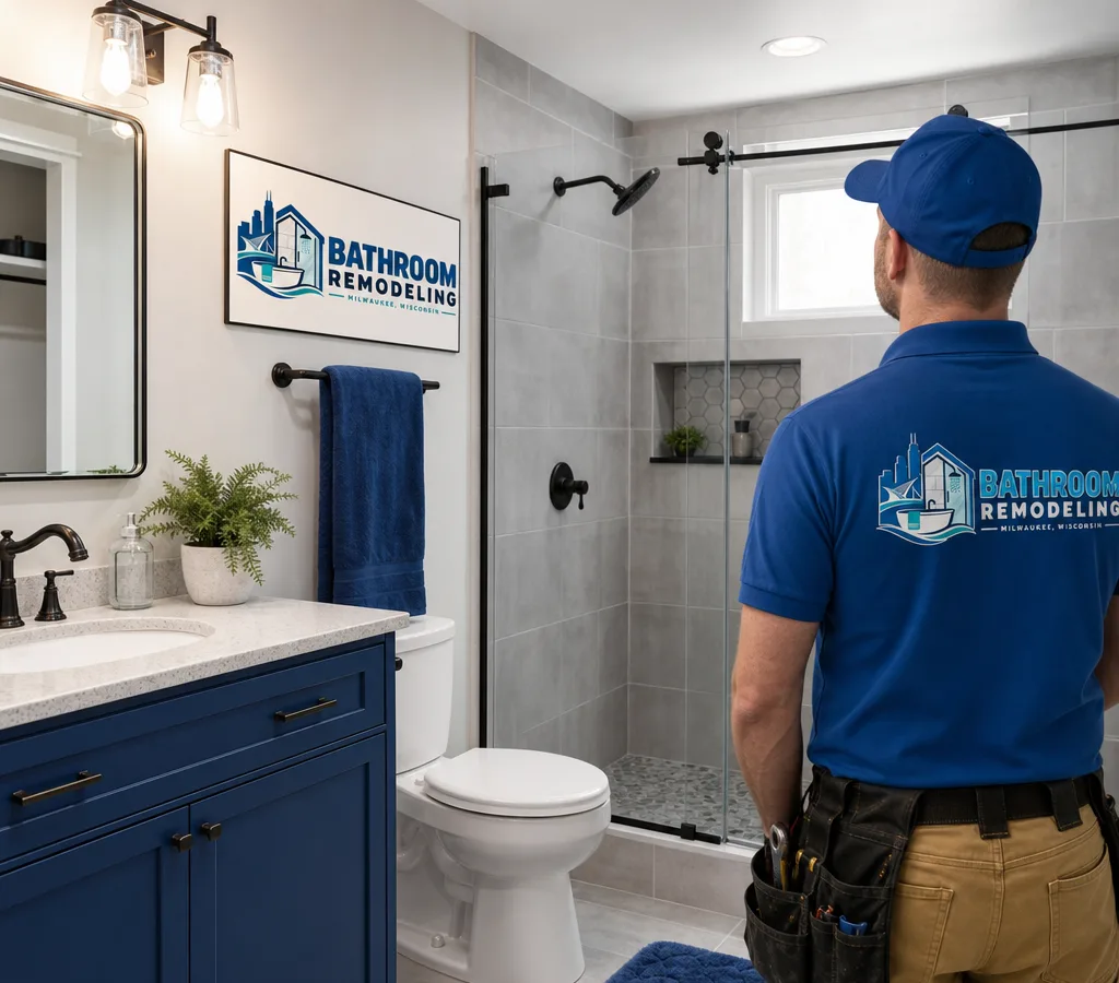 Bright finished Milwaukee bathroom with a tiled shower, glass door, vanity, and illuminated mirror
