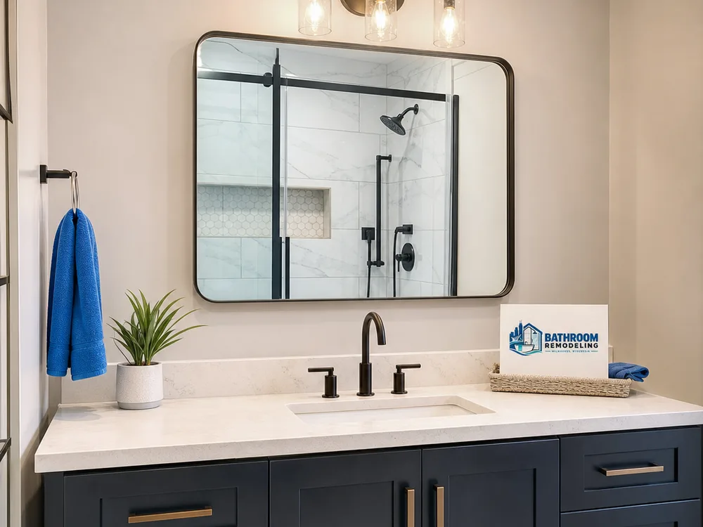 Finished bathroom vanity wall with practical storage, clean countertop seams, mirror, faucet, and lighting