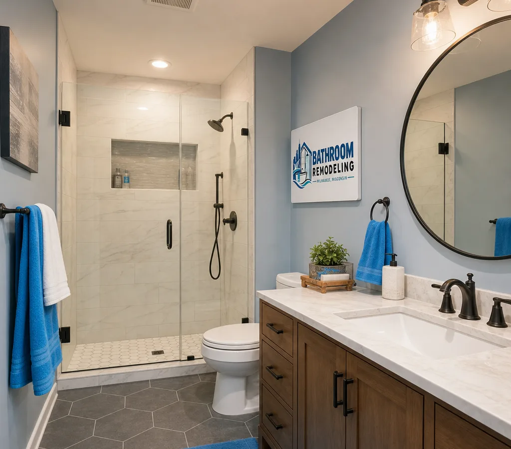 Bright renovated Milwaukee bathroom with a tiled shower, glass door, vanity, and modern lighting