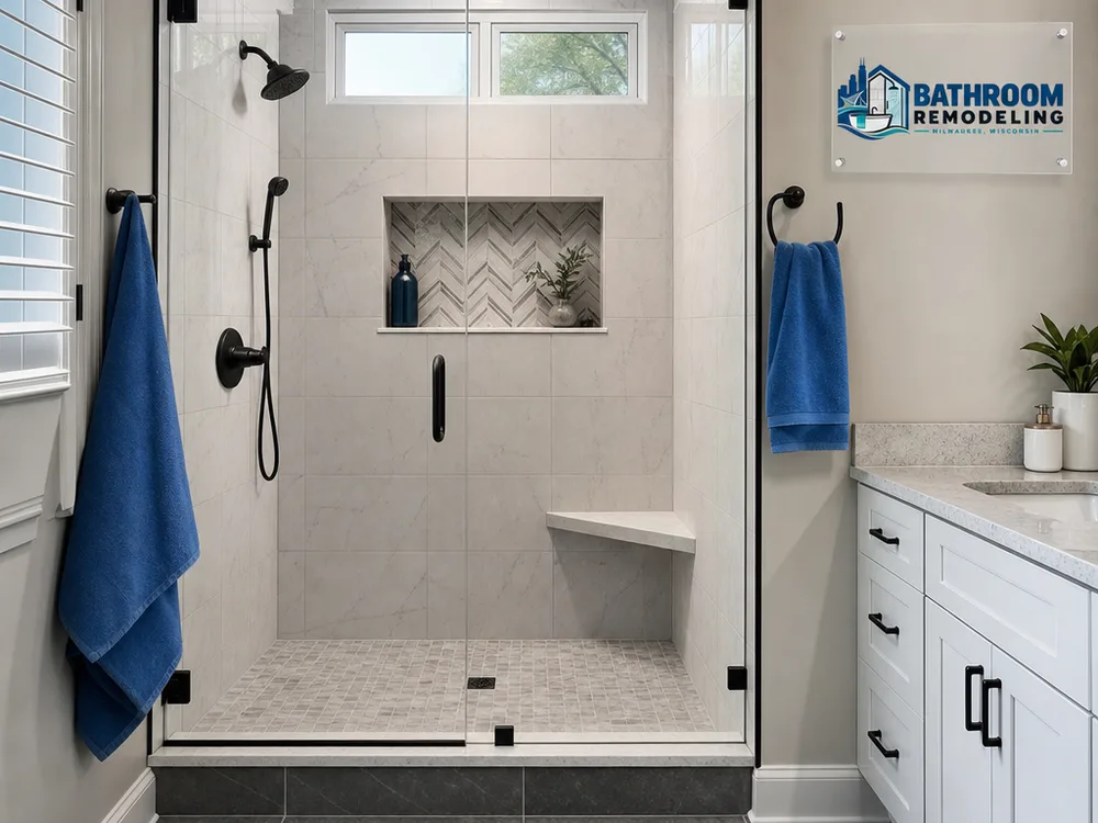 Walk-in shower with clean tile lines, a recessed niche, and a carefully detailed entry