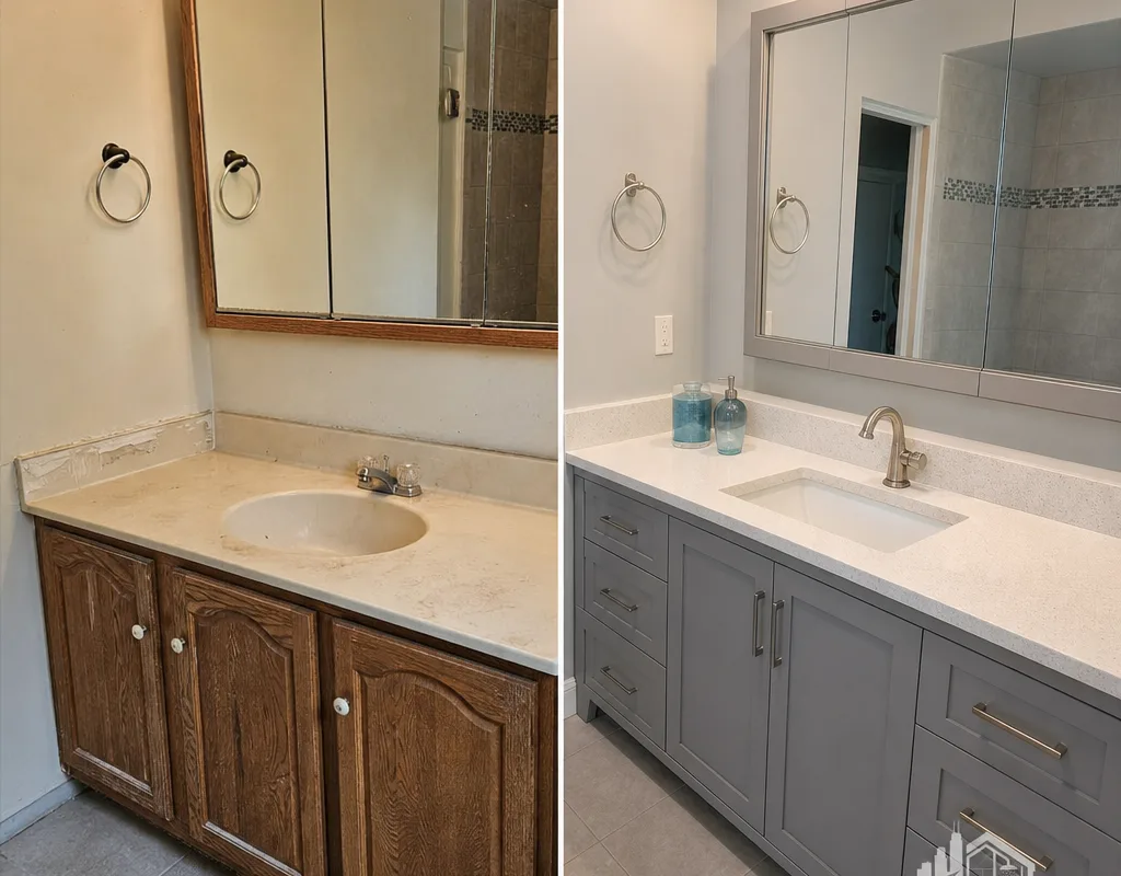 Before and after comparison showing an older vanity replaced by a brighter vanity with drawers in the same footprint