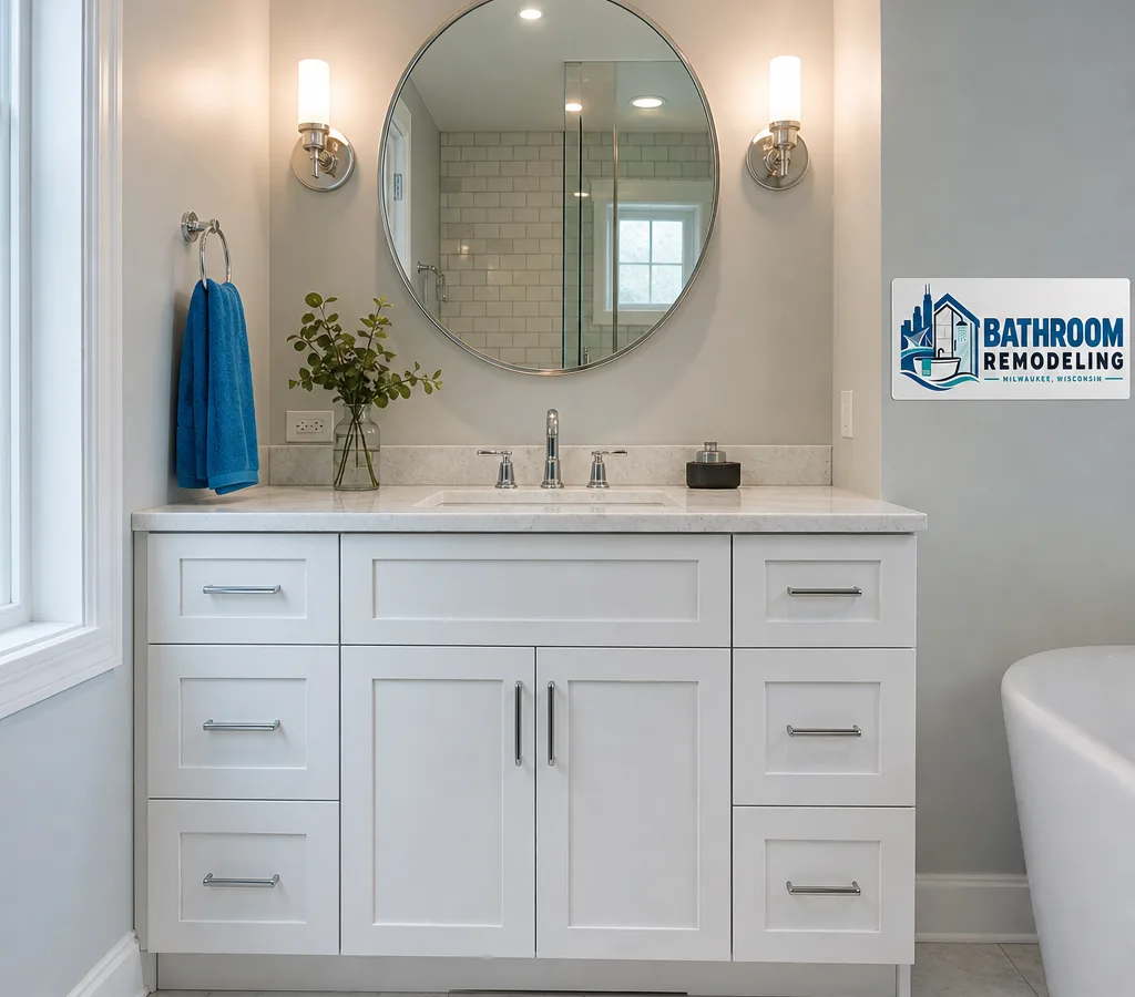 Bright Milwaukee bathroom with a well-proportioned vanity, stone top, drawers, and polished chrome faucet