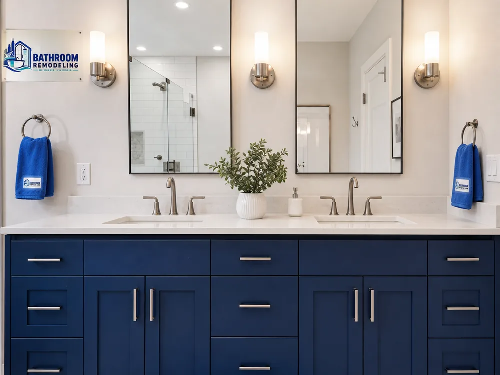 60-inch double-sink vanity with centered mirrors, sconces, balanced spacing, and usable counter area