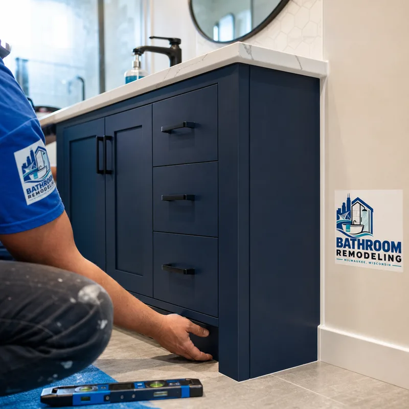 Close view of an aligned bathroom vanity installation with a level toe-kick, clean wall caulk, and even drawer fronts