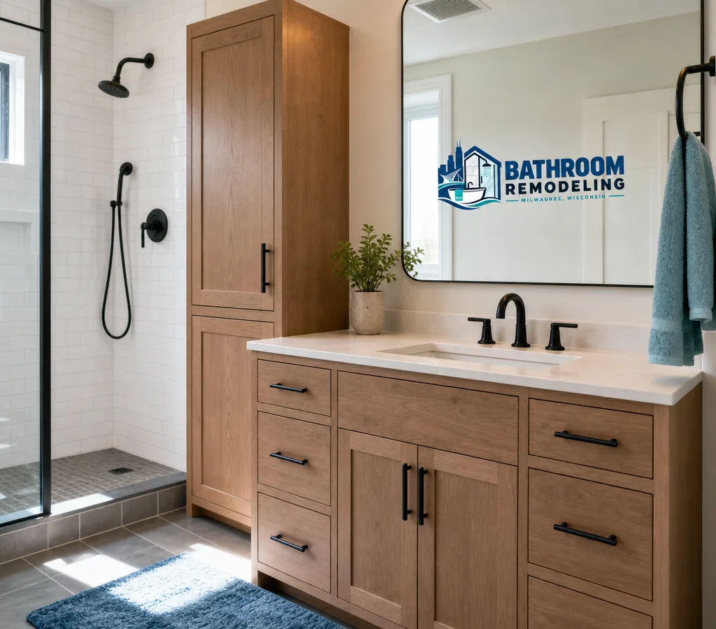 Bright Milwaukee bathroom with a fitted vanity cabinet, aligned reveals, and coordinated wall storage