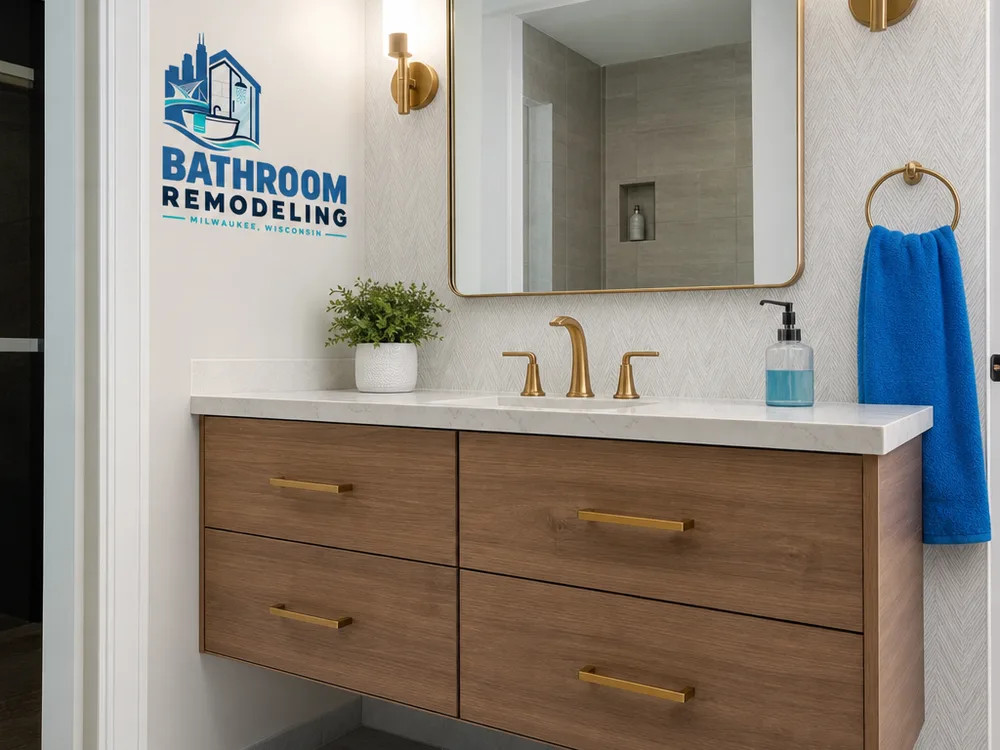 Modern wall-mounted floating vanity with a clean underside, sturdy support, coordinated hardware, countertop, and faucet