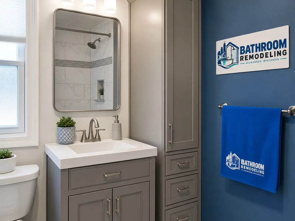 Compact Milwaukee bathroom with a space-saving vanity and a built-in-looking linen tower finished with fitted trim and fillers