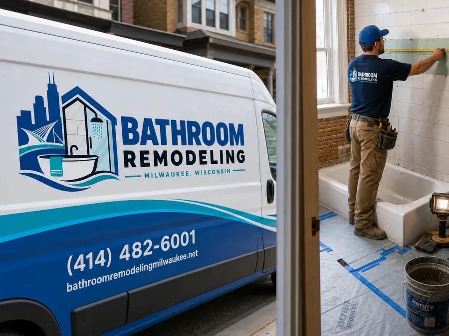 Remodel crew member measuring a bathroom wall for tile layout in an older Milwaukee home with protected floors and tools